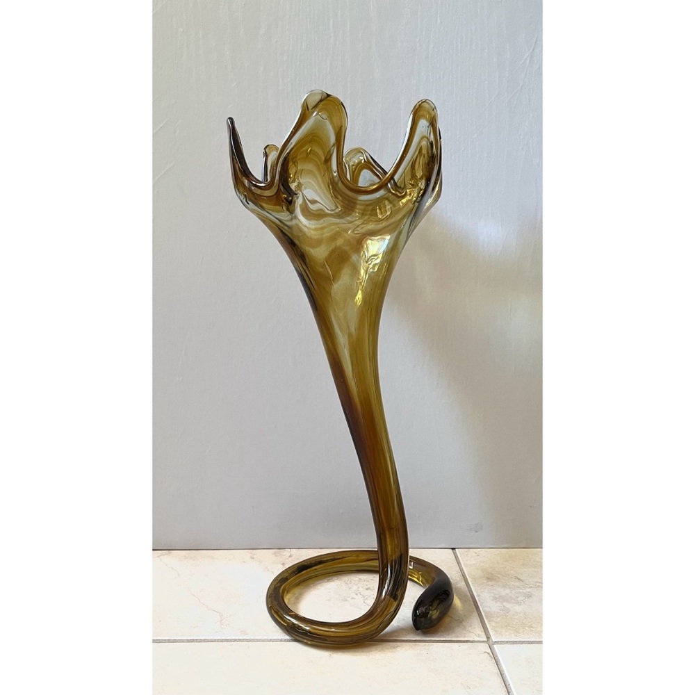 Vintage MCM Sooner Amber Trumpet Vase Large Art Glass Coil Spiral Base 16"